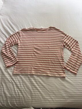 Boat-Neck Long Sleeve Striped Top - Red & White